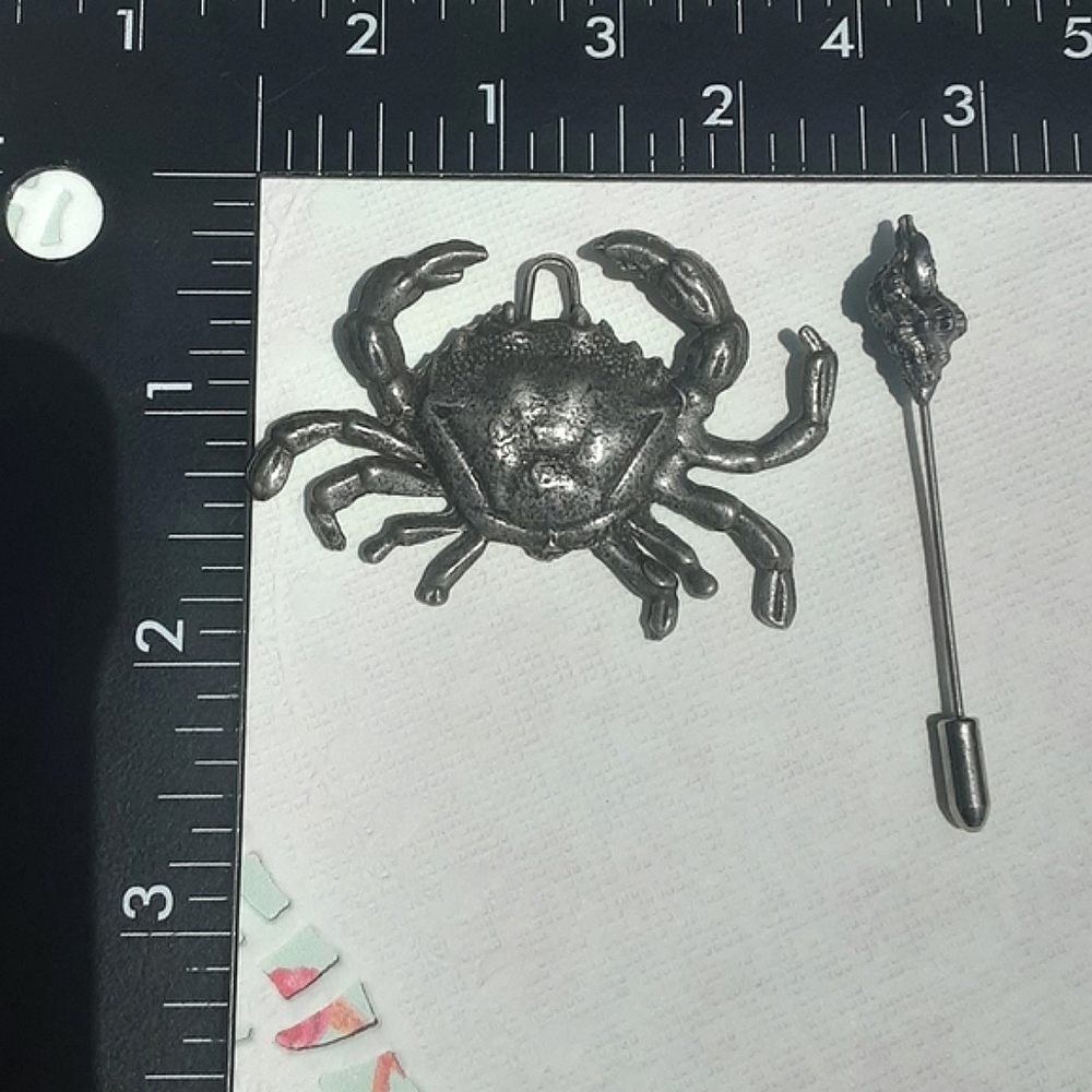Pewter Crab Necklace Charm & Conch Shell Stick Pin